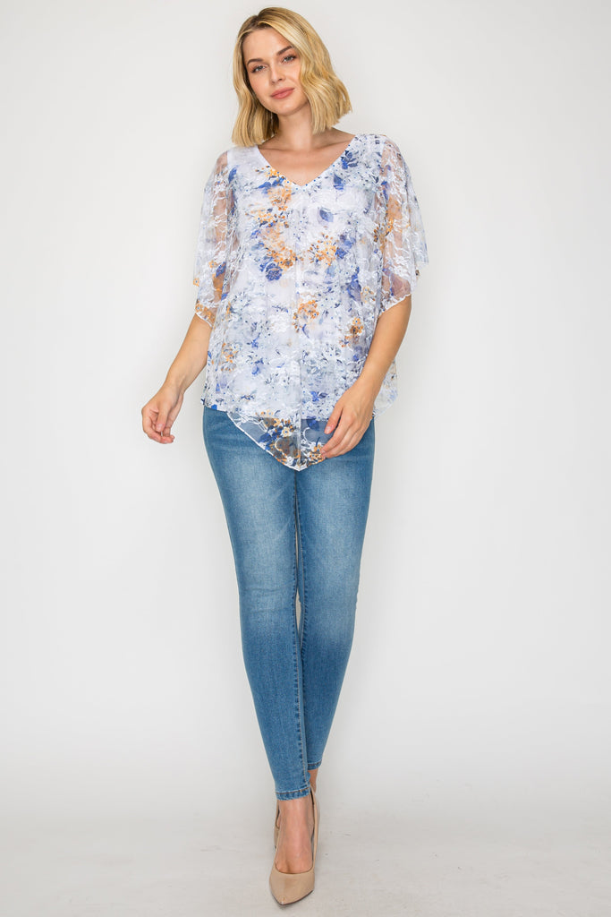 V-Neck Nylon Rose Lace Poncho Top