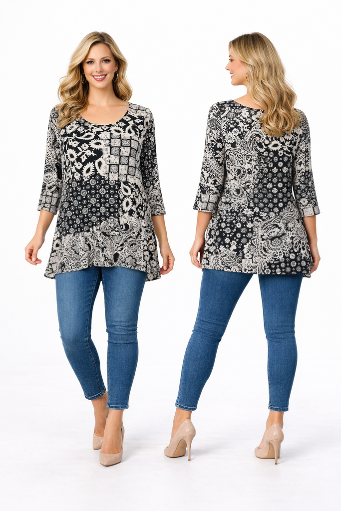 3/4 Sleeve Round Neck Abtract Printed Tunic With Sequins