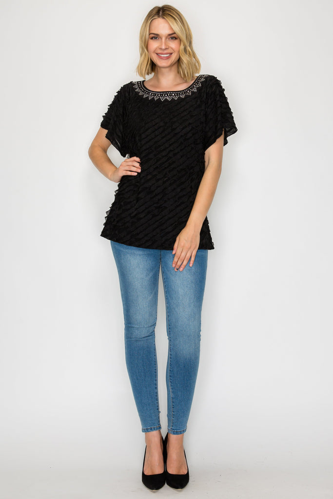 Short Sleeve Ruffle Textured Blouse with Embellishments