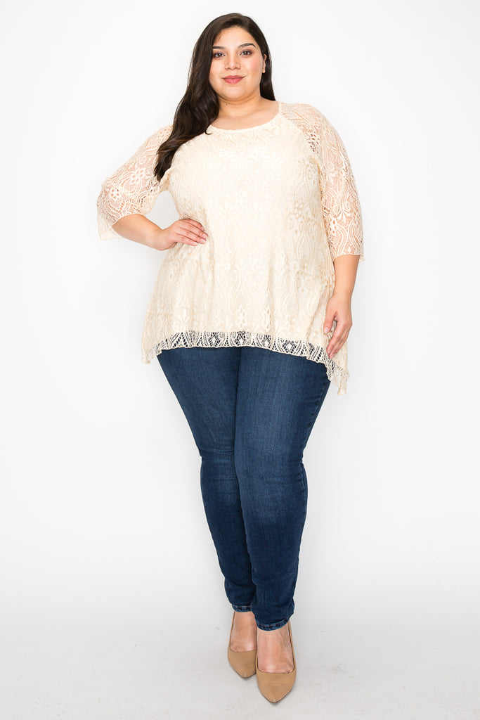 3/4 Sleeve Embroidery Lace Abstract Tunic With Sequins (PLUS)