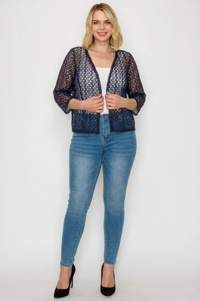 3/4 Sleeve Open Front Lace Bolero Shrug (PLUS)