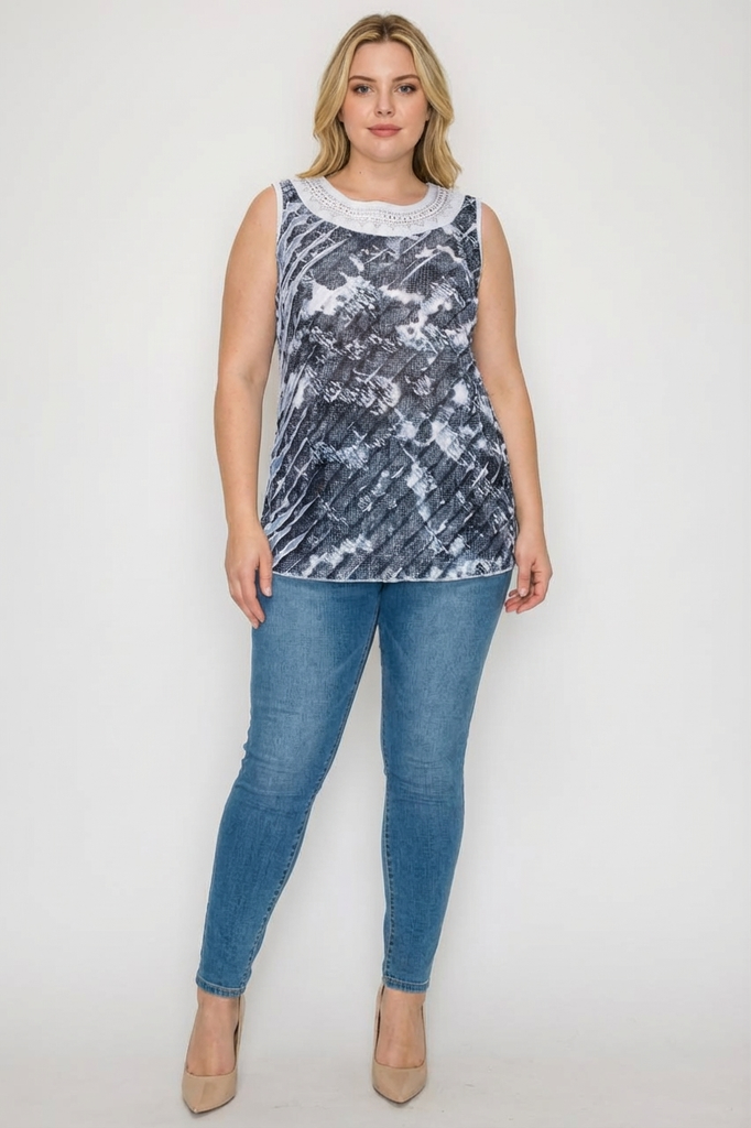 Sleeveless Ruffle Print Top With Embellishments (PLUS)