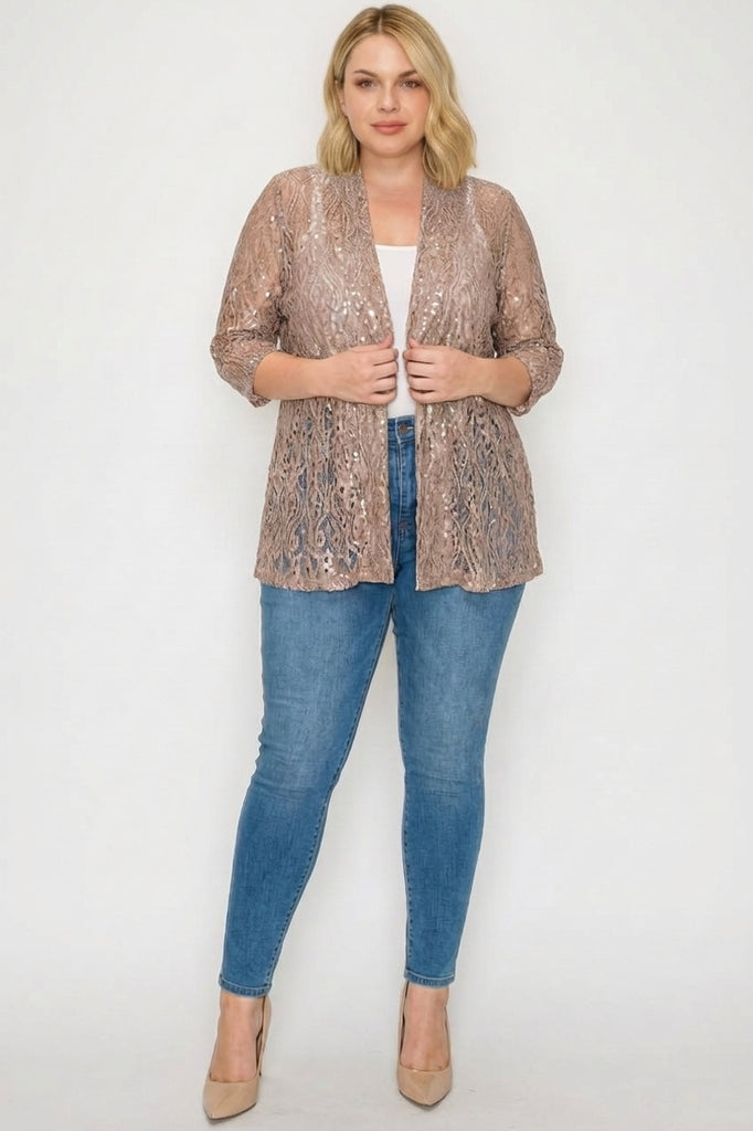 3/4 Sleeve Open Front Embroidery Lace Cardigan With Sequins (PLUS)