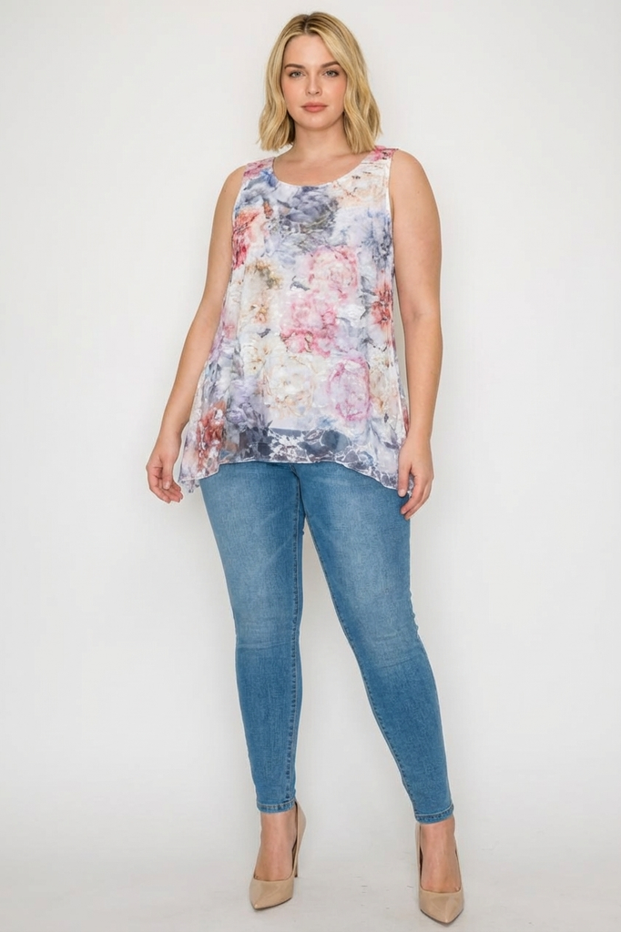 Sleeveless Round Neck Abstract Floral Print Lace Tunic (PLUS)
