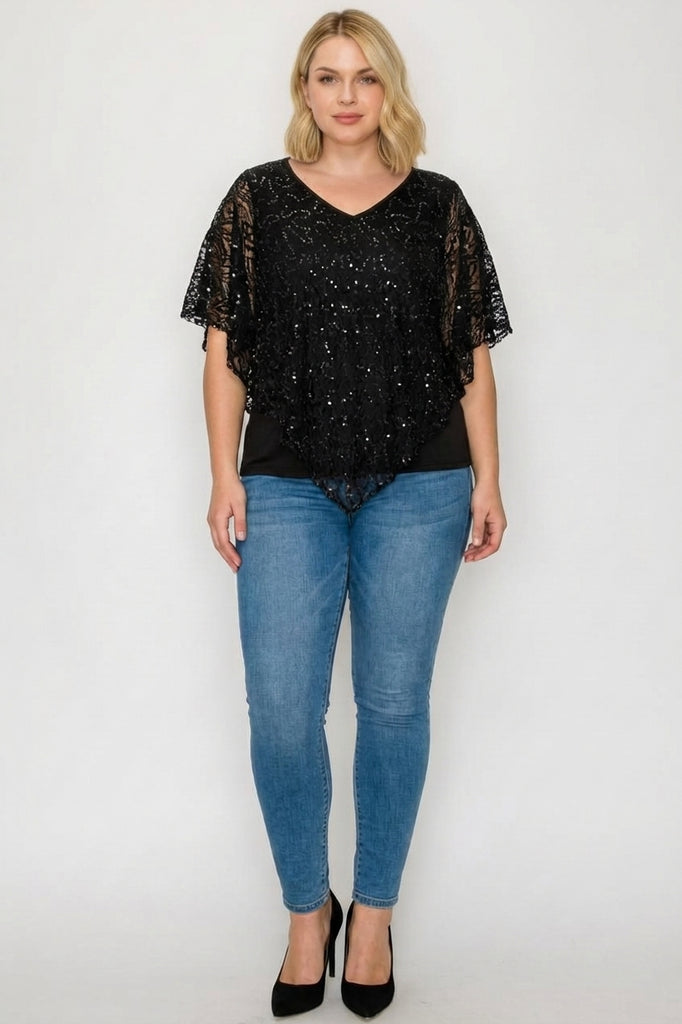 V-Neck Embroidery Lace Poncho Top With Sequins (PLUS)