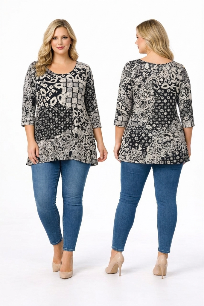 3/4 Sleeve Round Neck Abstract Printed Tunic With Sequins (PLUS)
